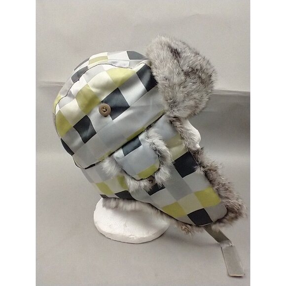 Chaos ski winter trapper hat ear flaps Green Gray quilt pattern Faux Fur - Picture 7 of 10
